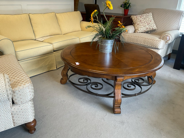 COFFEE TABLE 50" ROUND WOOD WITH METAL BOTTOM AND LAZY SUSAN