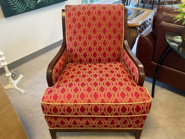 CHAIR RED & GOLD, WOOD ARMS