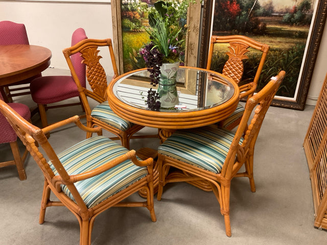 RATTAN ROUND MIRROR GLASS TABLE  & CHAIRS SET W/ FOUR (4) CHAIRS