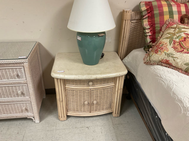 WICKER WHITE WASHED NIGHTSTAND W/ STONE TOP
