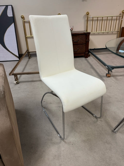 WHITE FAUX LEATHER DINING CHAIR, METAL LEGS