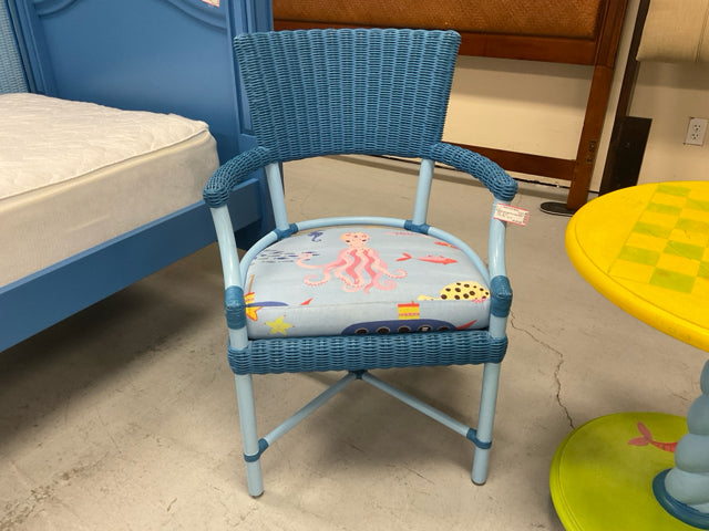 BLUE WICKER PAINTED CHAIR WITH SEA IMAGE CUSHION