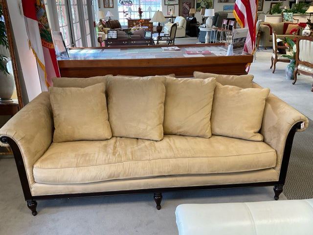 BERNHARDT SUEDE LIGHT TAN SOFA WITH DARKWOOD TRIM