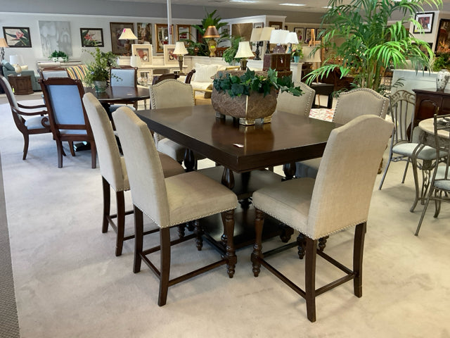 COUNTER HT TBLE & 6 BEIGE UPHOLSTERED CHAIRS W/NAIL HEADS