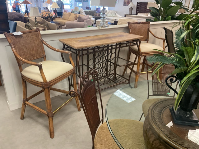 PAIR RATTAN BAR STOOLS W CREAM SEATS