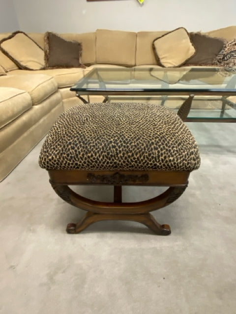 WOOD FRAMED OTTOMAN - LEOPARD UPHOLSTERED SEAT