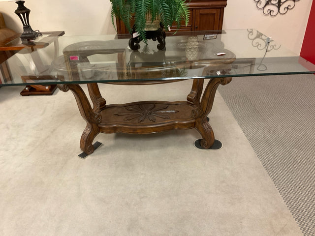 LARGE GLASS TOP TABLE WITH WOOD BASE