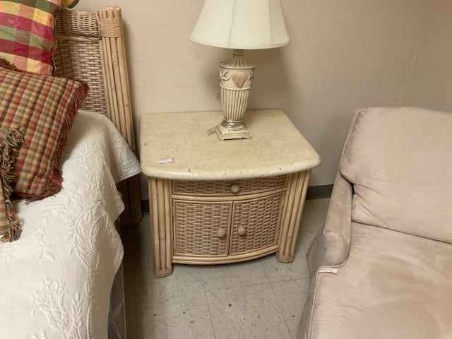 WICKER WHITE WASHED NIGHTSTAND W/ STONE TOP