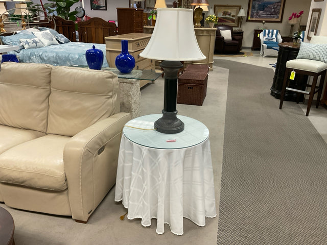 GLASS TOP ROUND END TABLE - PLYWOOD TRIPOD BOTTOM