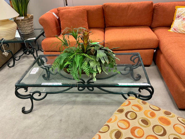COASTAL AQUA METAL BASE BEVELED GLASS TOP COFFEE TABLE