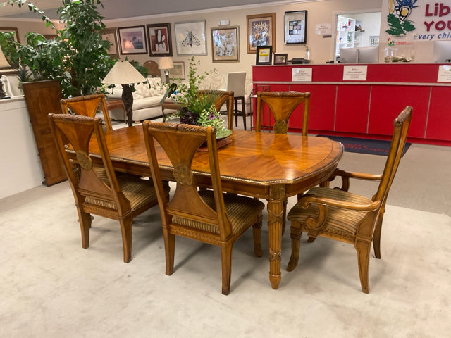 INLAID WOOD/ TABLE/2LEAVES/6CHAIRS