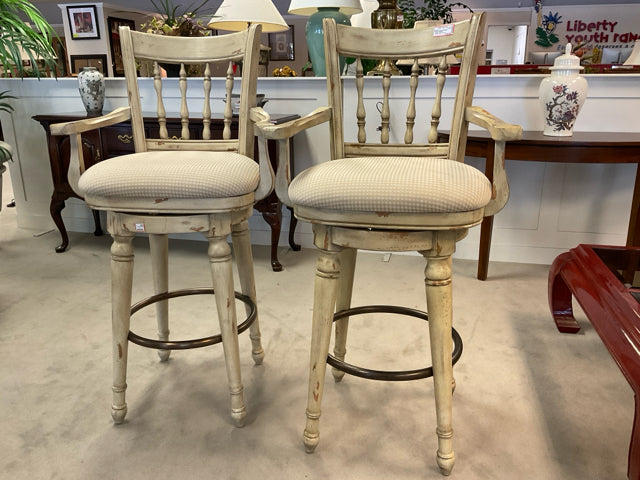 PAIR OFF WHITE DISTRESSED CUSHION BAR STOOLS