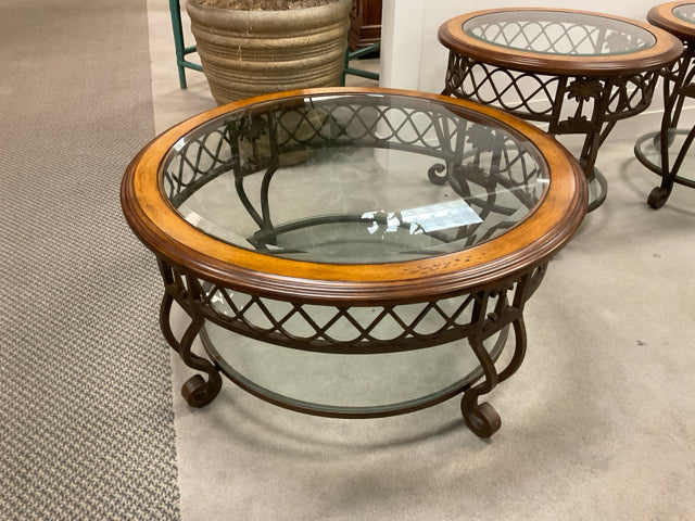 ROUND GLASS TOP WOOD COFFEE TABLE WITH METAL BOTTOM