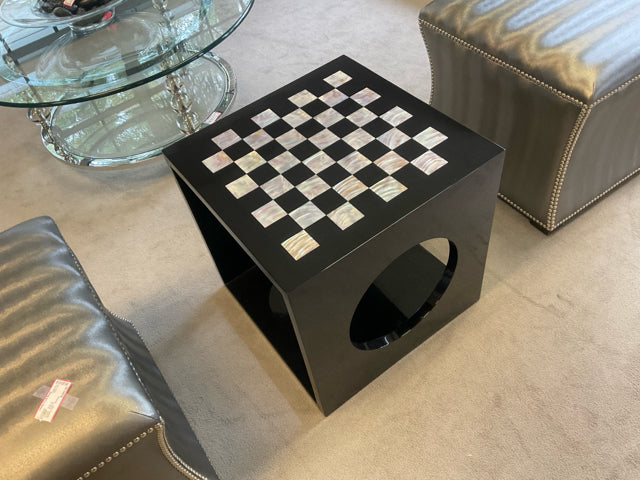 BLACK CHECKER BOARD/MARBLE INLAID MODERN END TABLE