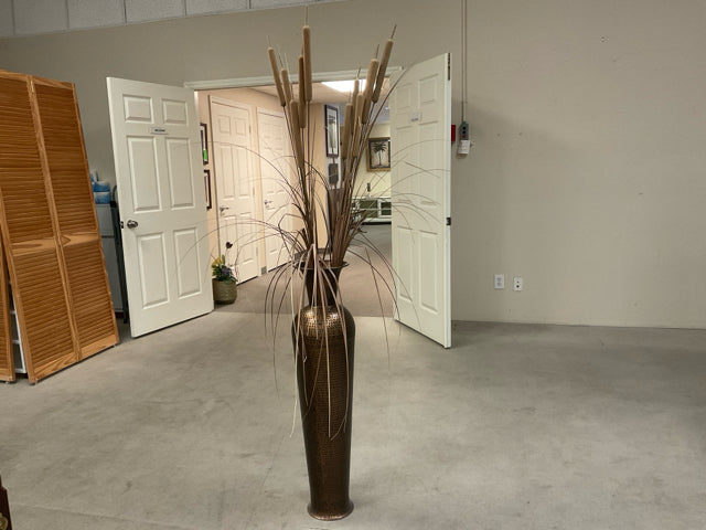 BRONZE VASE WITH ARTIFICIAL TALL GRASS/CATTAIL
