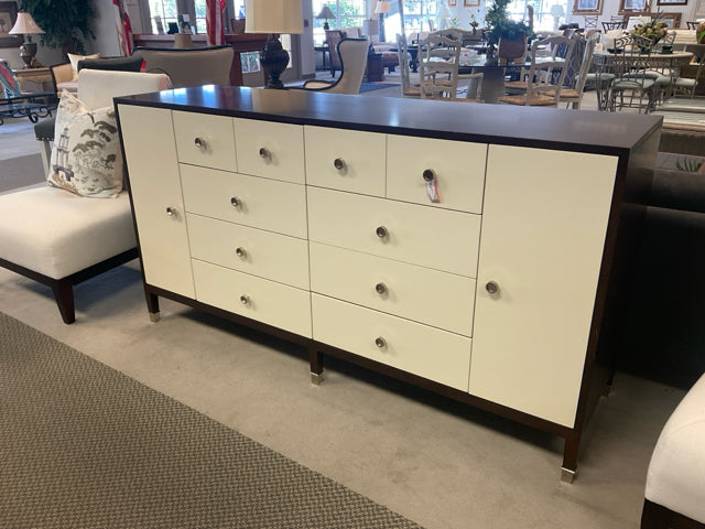 BELLE MEADE SIGNATURE CONSOLE/DK WOOD/BEIGE ROUND SILVER KNOBS