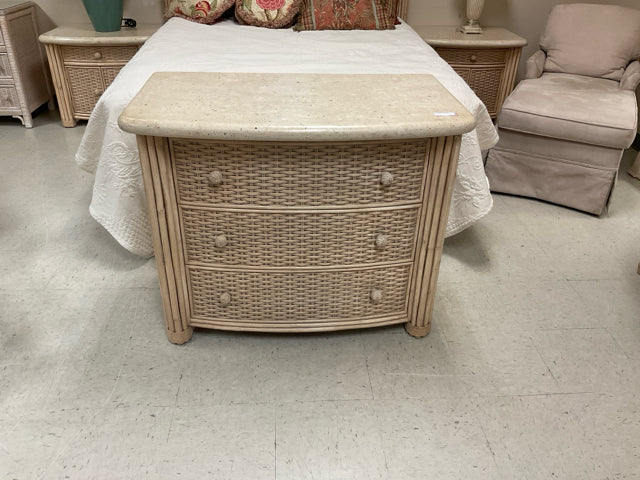 WICKER WHITE WASHED DRESSER W/ STONE TOP