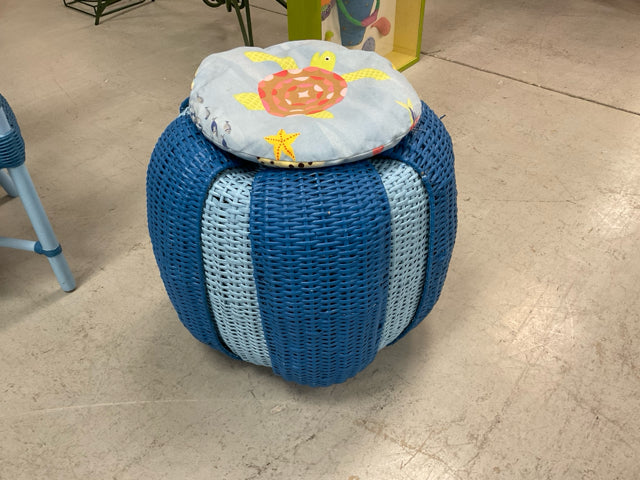 BLUE WICKER DECORATIVE OTTOMAN WITH SEA TURTLE CUSHION