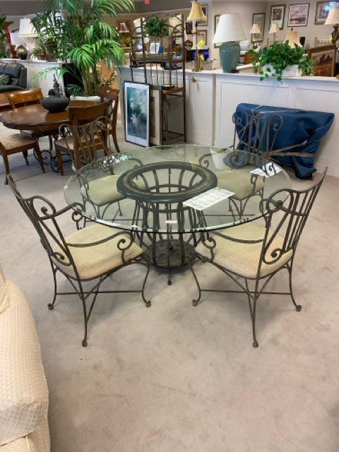 ROUND IRON/GLASS TABLE & 4 CHAIRS SET