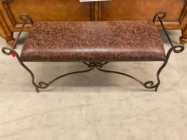 WROUGHT IRON & LEATHER BED FOOT BENCH