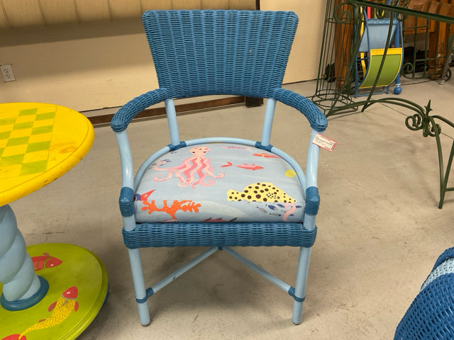 BLUE WICKER PAINTED CHAIR WITH SEA IMAGE CUSHION