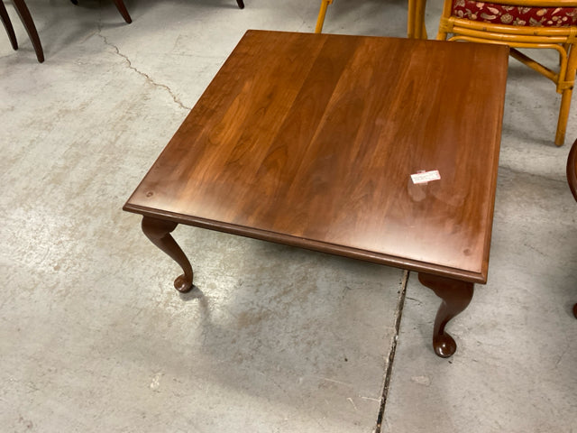 STICKLEY WOOD SQUARE TABLE/ GLASS TOP