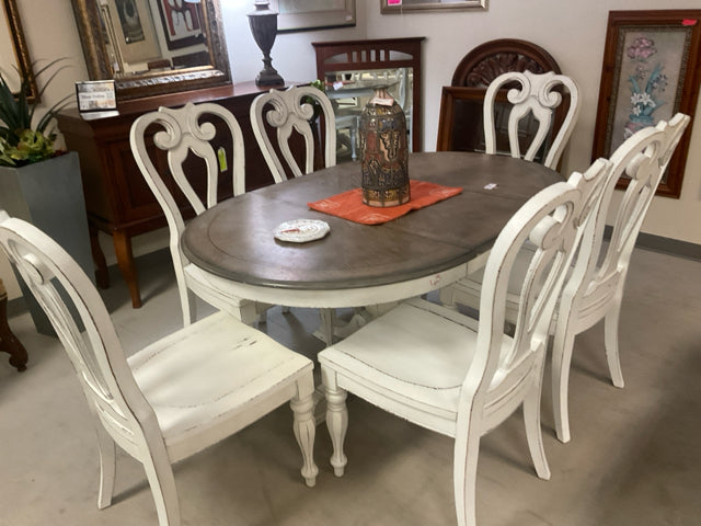 WHITE WASH ROUND DINING TABLE WITH LEAF AND SIX CHAIRS