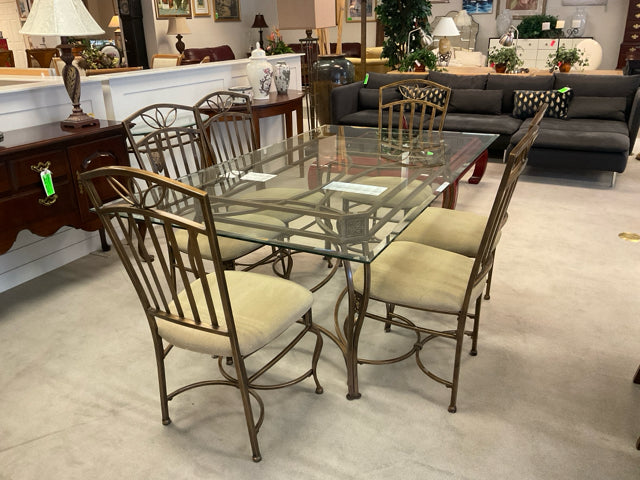 METAL GLASS TOP DINING TABLE & 6 CHAIRS SET