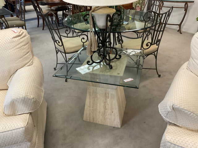 SMALL GLASS TOP PEDESTAL TABLE - PLASTER BASE