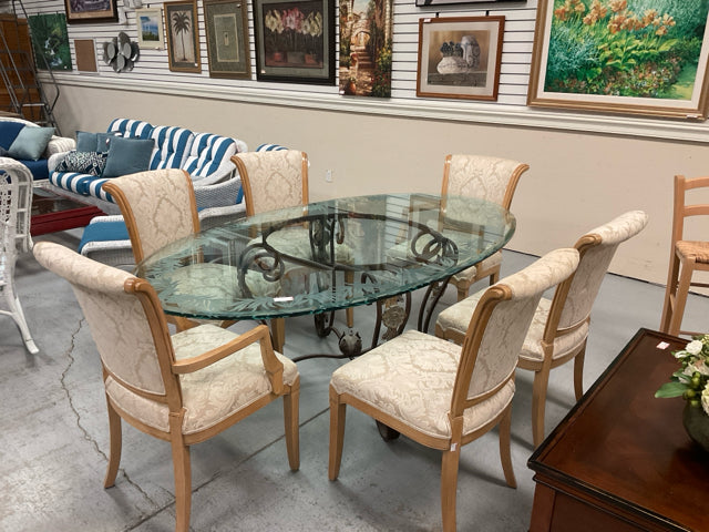 WROUGHT IRON TABLE & CHAIRS SET W/ OVAL ETCHED GLASS TOP