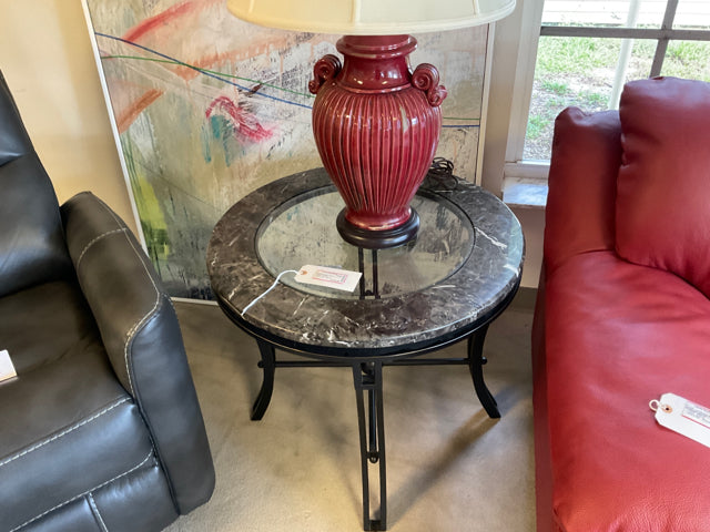 ROUND STONE BEVELED GLASS END TABLE