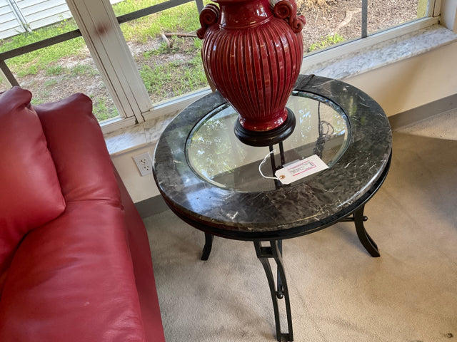 ROUND STONE BEVELED GLASS END TABLE