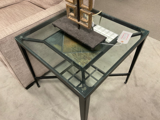 CONTEMPORARY GLASS METAL SLATE END TABLE